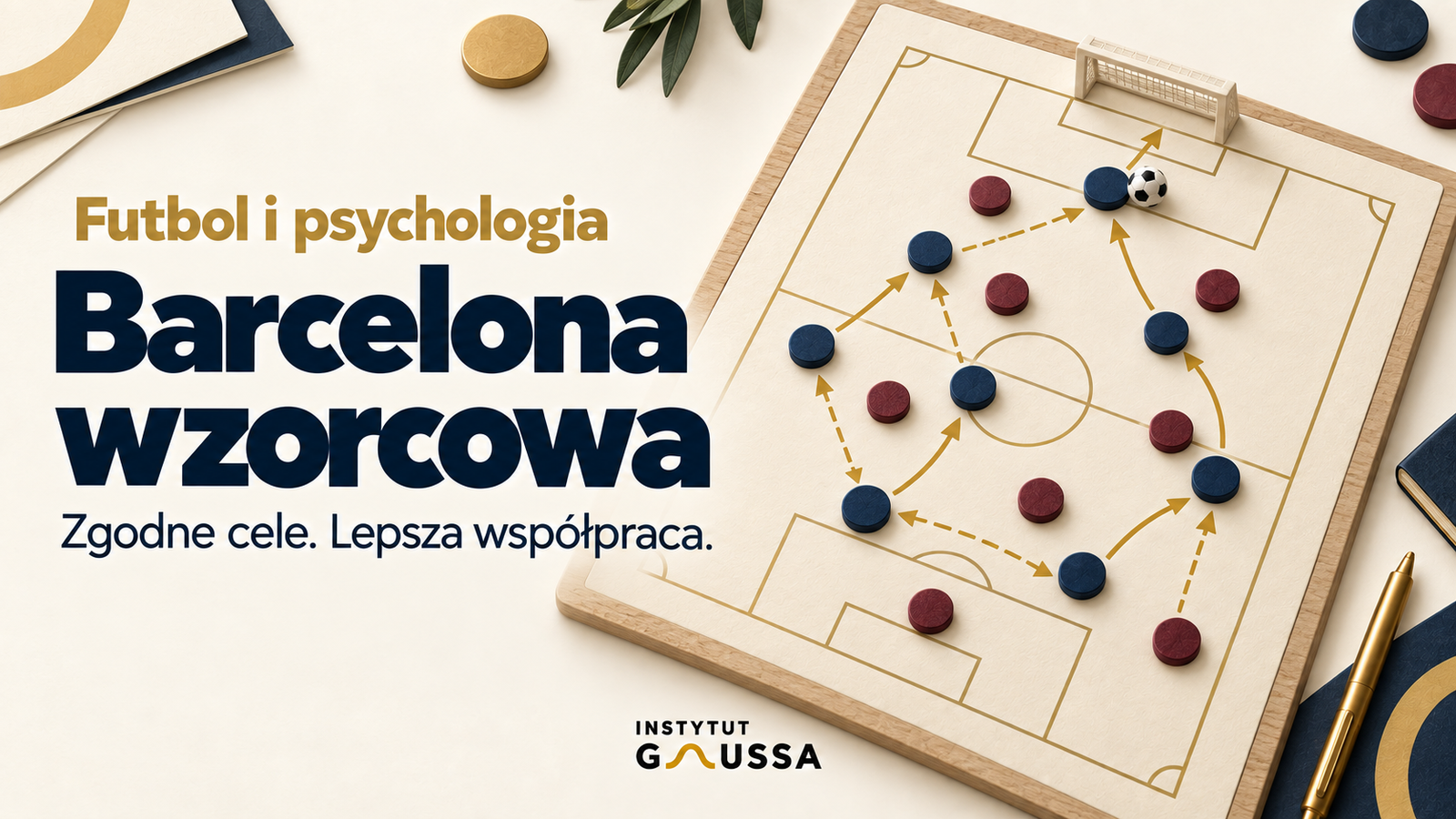 Barcelona wzorcowa: schemat podań na boisku ilustrujący zgodne cele i współpracę w zespole. Logo Instytutu Gaussa.