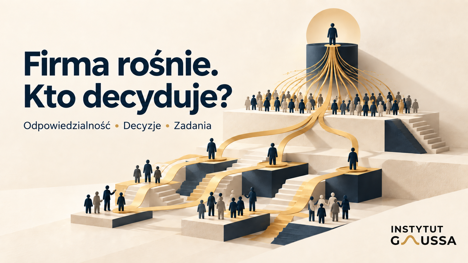 Firma rośnie. Kto decyduje? Symboliczna ilustracja rozdzielenia uprawnień decyzyjnych w organizacji, z logo Instytutu Gaussa.
