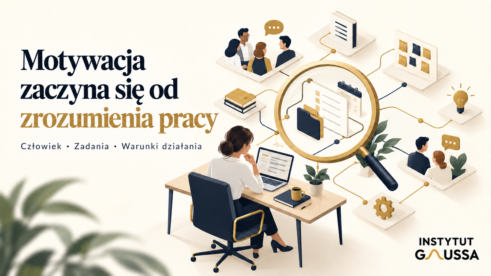 Człowiek w otoczeniu zadań, informacji i współpracowników — ilustracja diagnozy motywacji z logo Instytutu Gaussa.
