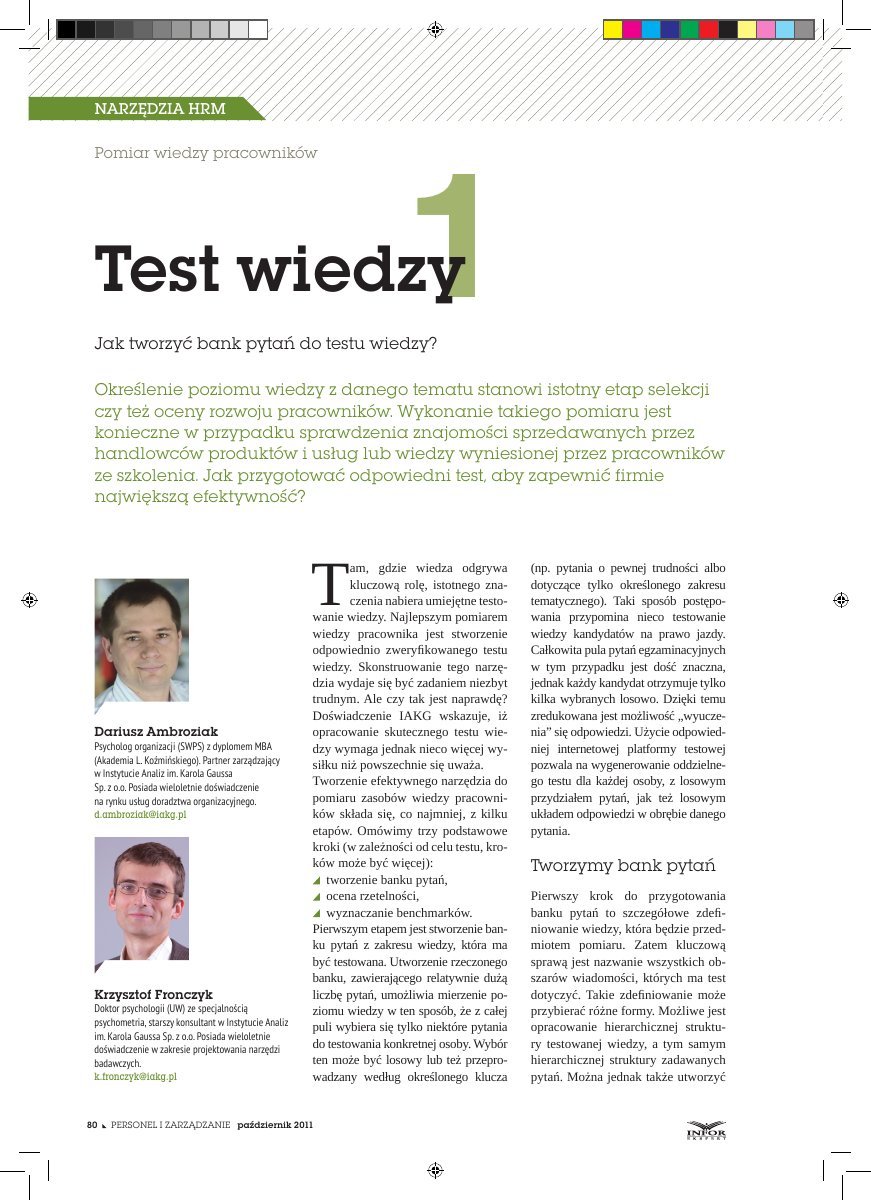 Pierwsza strona artykułu Test wiedzy 1 — Bank pytań, Personel i Zarządzanie, 2011