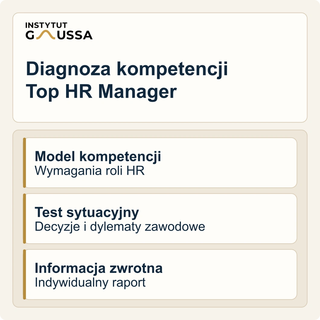 Diagnoza kompetencji Top HR Manager: model kompetencji, test sytuacyjny i indywidualna informacja zwrotna.
